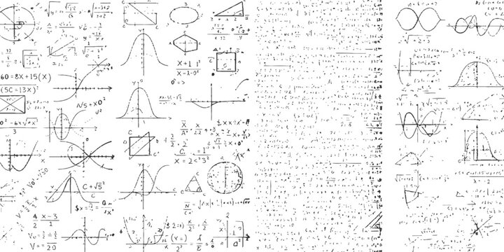 Complex mathematical formulas equations and geometric diagrams handwritten on white board vector illustration.