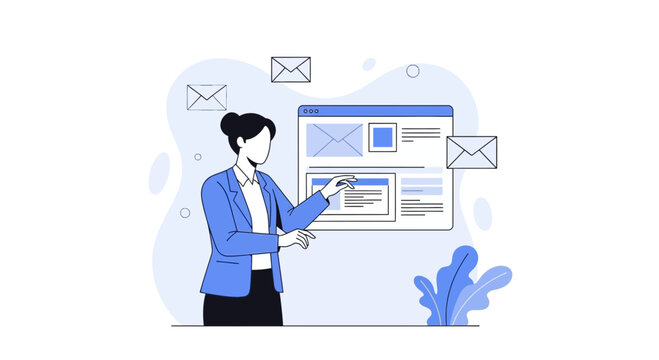 Woman presenting website interface with email notifications, digital communication concept