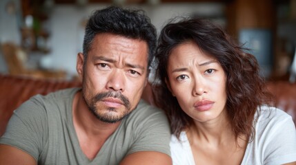 Fototapeta premium A serious couple shows their deep concern and contemplation at home, reflecting the complexities of modern life and the challenges faced in relationships and society.