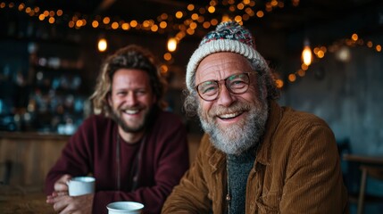 Obraz premium Two joyful friends share coffee in a warm, cozy café, exuding happiness and connection amidst ambient lighting, perfect for capturing friendship's essence and relaxed moments.