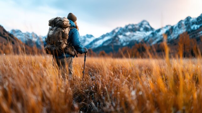 A lone hiker with a backpack stands in a picturesque mountain landscape during golden hour, embracing nature's beauty and the thrill of exploration and adventure.