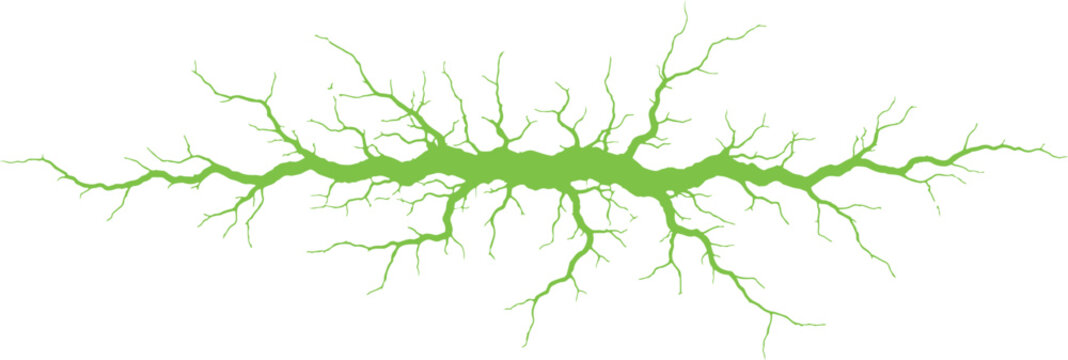 Abstract bright green glowing earth crack ground fissure and lightning strike energy vector illustration background.