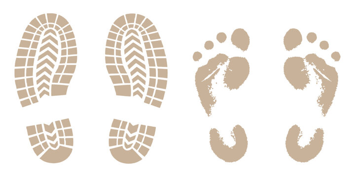 Beige boot shoe print and human bare footprints silhouette set vector illustration isolated on a white background design.