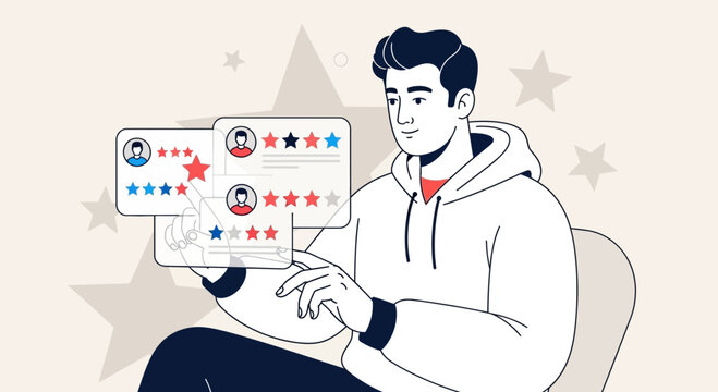 Man interacting with online reviews and star ratings on a digital interface