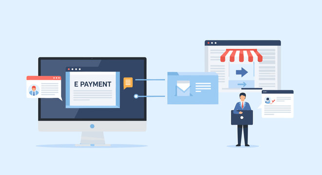 Digital E-payment system illustration with online shopping and business transactions.