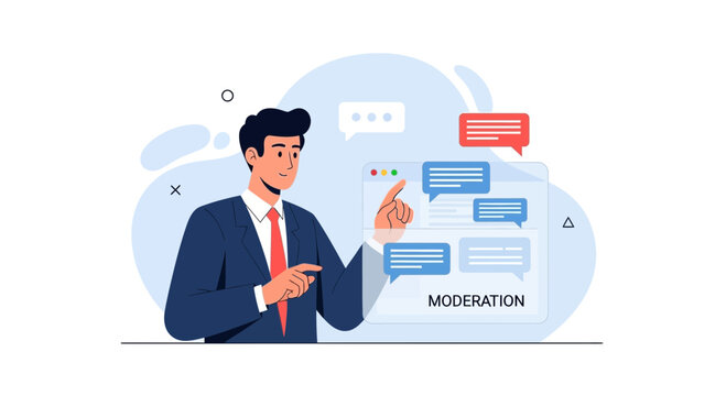 Man moderating online content with chat bubbles and "MODERATION" text
