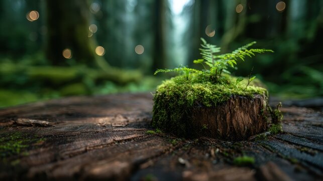 A vibrant green fern growing on a wooden stump surrounded by a lush forest, showcasing the beauty of nature and the resilience of life amid trees and picturesque scenery.