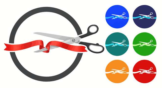 Grand opening ceremony with scissors cutting a red ribbon vector illustration.
