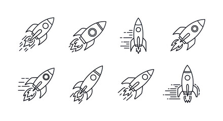 Set of space rocket ship line icons for startup launch and technology concepts © Indah