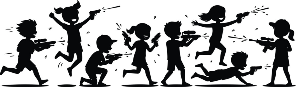 Children playing action game with toy guns isolated on white background, Vector