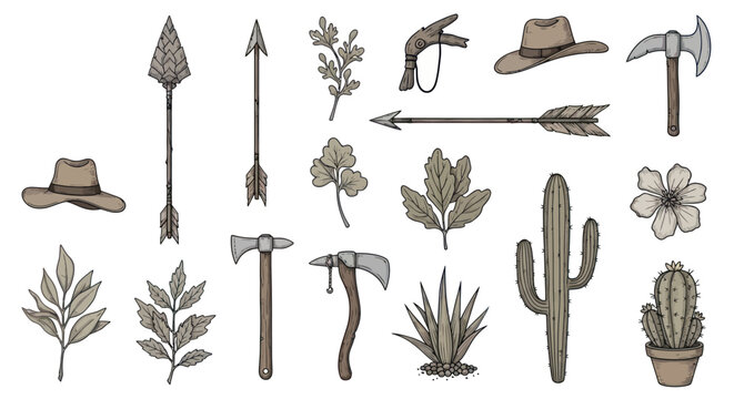 Set of hand drawn wild west frontier elements and vintage icons on white background