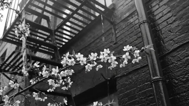 Black and White Springtime Blossom Blooming Against an Urban Brick Wall and Fire Escape in the Rain