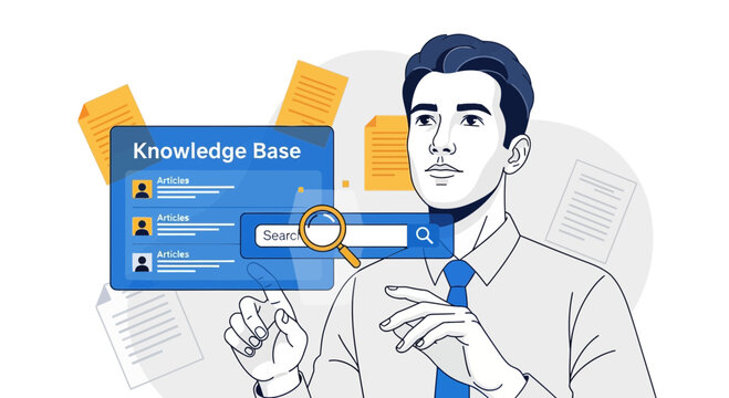 Man searching knowledge base with magnifying glass and documents concept