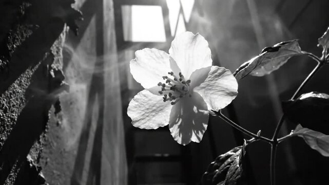 Black and white close up of a flower with blurred steam and a ladder in the background, a moody composition.