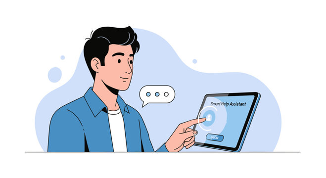 Man using smart virtual assistant on tablet, digital communication