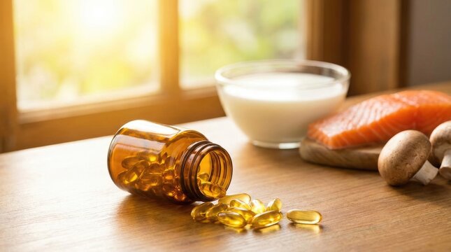 Essential Vitamin D3 intake, featuring dietary supplements, fatty fish, dairy sources, beneficial fungi, all enhanced by bright natural light