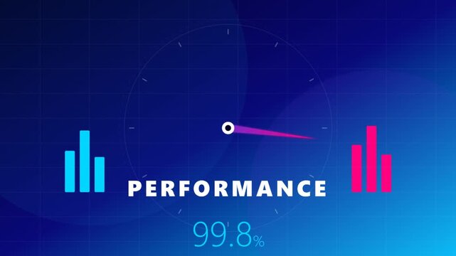 Performance Meter with 99.8 Score and Bar Graphs on a Blue Background.