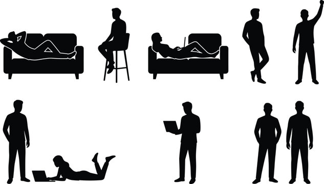 Collection of Male Lifestyle Silhouette Poses Showing Relaxing Sitting Working with Laptop Standing and Casual Daily Activities Concept Design