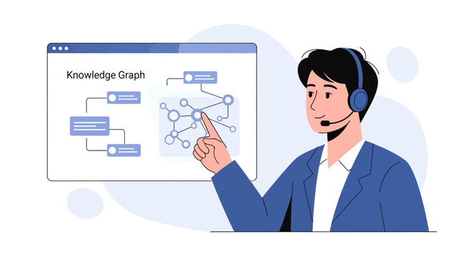 Man with headset points to knowledge graph diagram on screen, data visualization