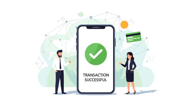 Man and woman celebrating a successful mobile payment transaction displayed on a smartphone screen.