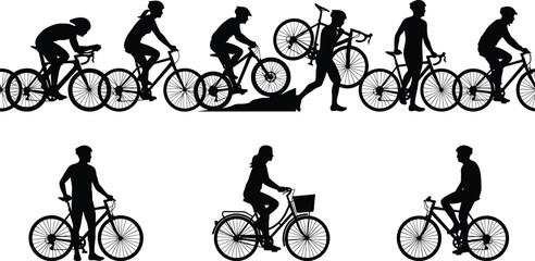 Obraz premium Cycling people silhouettes set with riders walking carrying bicycles and urban commuting scenes vector illustration isolated black figures collection design