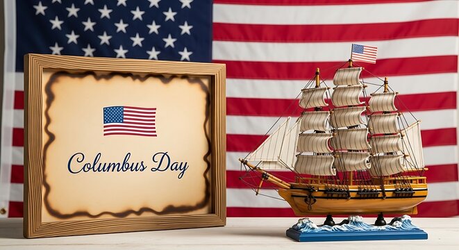 Columbus day celebration with american flag and ship model