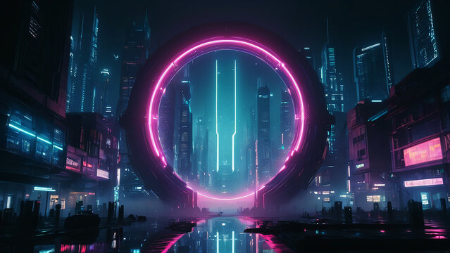 Neon Cyberpunk Gateway in Futuristic Street