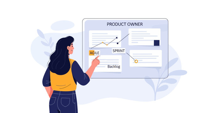 Product owner managing agile sprint backlog on board illustration