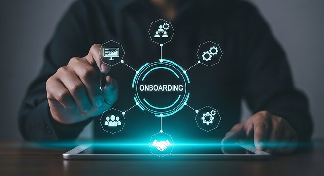 Onboarding digital interface with glowing icons, businessman using tablet for employee integration, corporate training and recruitment technology