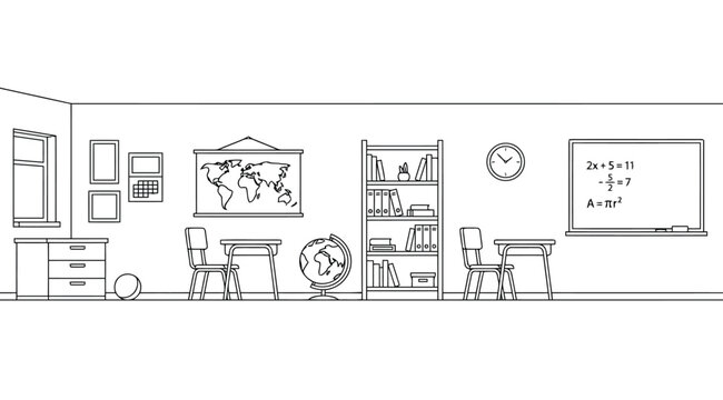Classroom interior with desks, chairs, blackboard, bookshelf, globe, and map, line art illustration