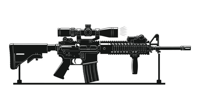 Assault rifle with telescopic sight side view black and white silhouette high quality professional detailed modern elegant stylish clean crisp vibrant