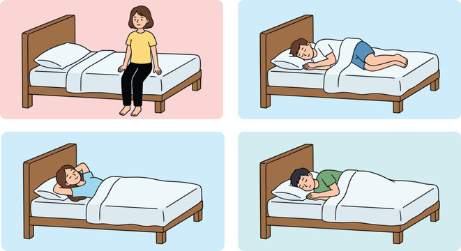 Healthy Sleeping Positions Illustration Collection Featuring Comfortable Bedtime Postures Restful Sleep and Bedroom Lifestyle Vector Design