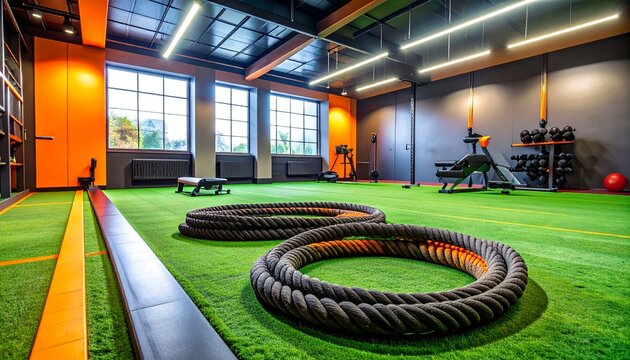 Battle ropes coiled on turf floor beside rowing machine, modern functional fitness studio, bright overhead lighting, vibrant orange and black color scheme
