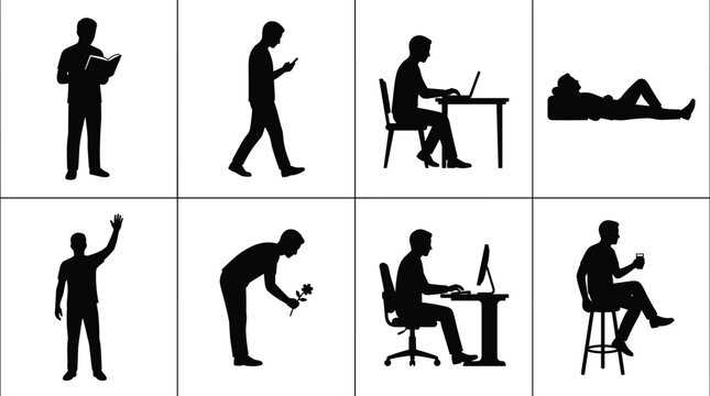 Human Activity Silhouette Collection Featuring Reading Walking Working Relaxing and Everyday Lifestyle Vector Illustration Design
