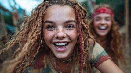 Fototapeta premium A happy girl with dreadlocks laughing joyfully while playing outdoors with friends, capturing youthful exuberance, friendship and the innocence of childhood in a whimsical setting.