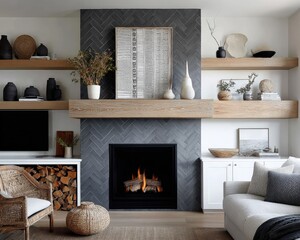 Obraz premium Modern Living Room with Herringbone Fireplace, Floating Shelves, and Cozy Seating