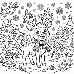 A cheerful cartoon reindeer in a snowy forest with Christmas trees and snowflakes. © noxy