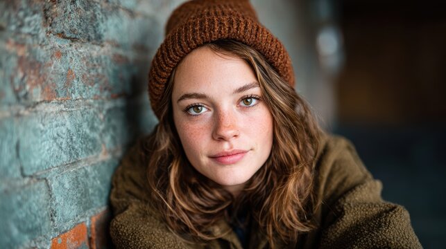 A close portrait of a young woman wearing a cozy brown beanie, with soft curls and captivating eyes, radiating warmth and authenticity against an industrial backdrop.