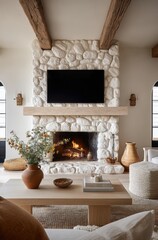 Naklejka premium Cozy living room featuring a rustic stone fireplace with a modern television and warm wooden accents