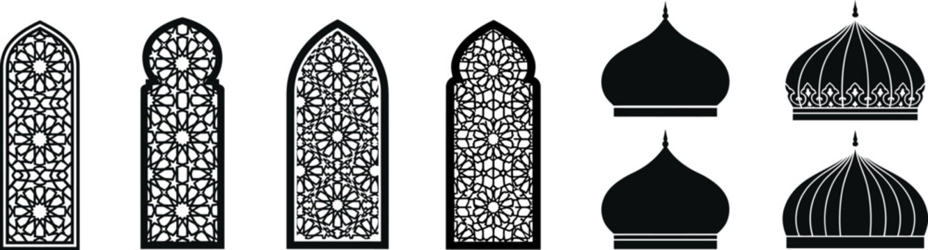 Mosque dome lattice window silhouette with traditional islamic pattern architecture