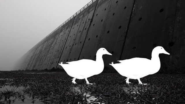Black and White Cinematic Scene with Two Silhouetted Ducks in Front of a Large Industrial Concrete Wall