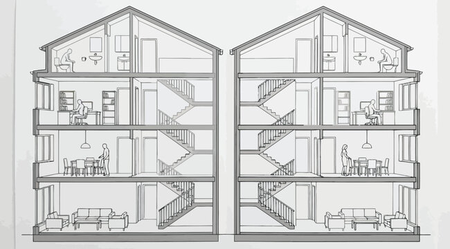 Cross section of a multistory residential building with interior furniture and people