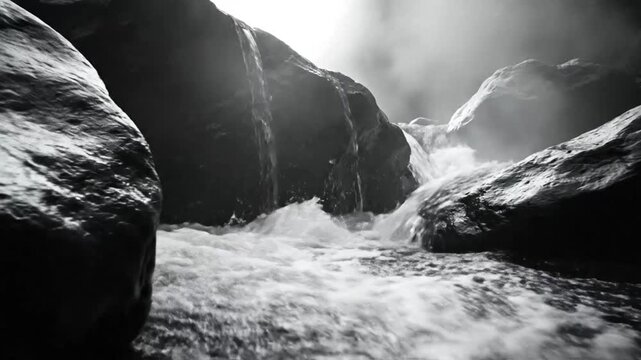 Black and white view of a cascading waterfall flowing rapidly through a rocky terrain, creating a soothing natural scene