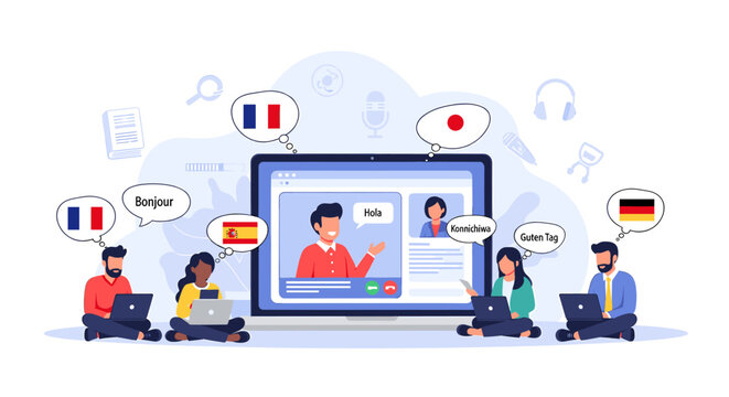 Diverse group of people learning languages online through video calls on laptops with flags and speech bubbles.