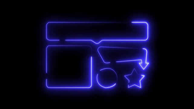 Neon blue glowing geometric shapes and symbols on black background, abstract digital art elements Abstract  Geometric Icons and Symbol Set