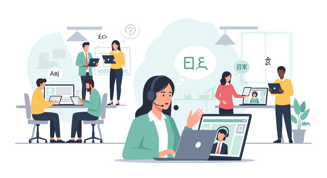 Diverse team of professionals collaborating in a modern office environment, utilizing technology for communication and translation services.