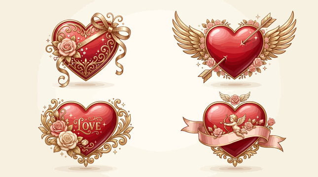Red Hearts with Gold Decorations Love.