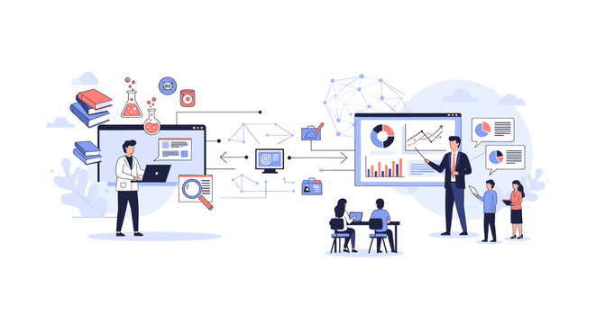Illustration of a scientist presenting data analysis and research findings to a group of people in a modern office setting.