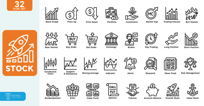Stock Vector illustration Line Editable Icons set. in modern thin line style of finance-related icons: currency exchange, trading, profit, shareholder, types of markets, and charts.