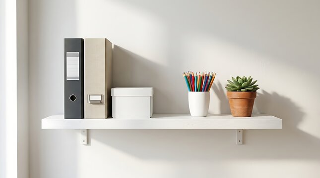 Organized shelf with office binders pencils and a small green plant in a bright room